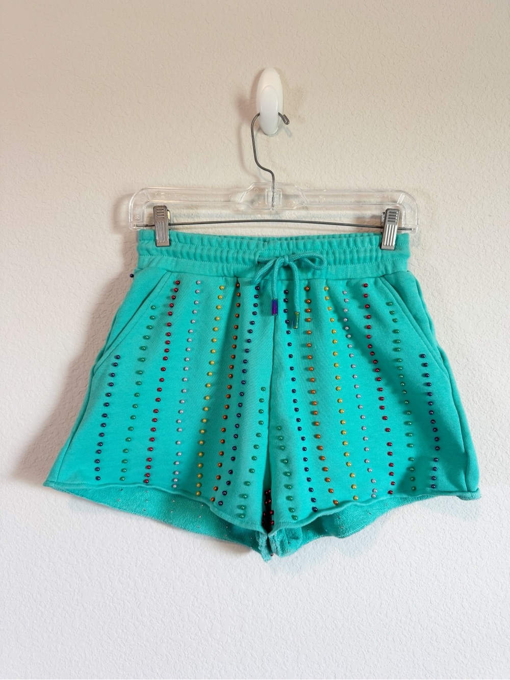 Queen of Sparkles Teal Rainbow Pearl Beaded Embellished French Terry Shorts XS